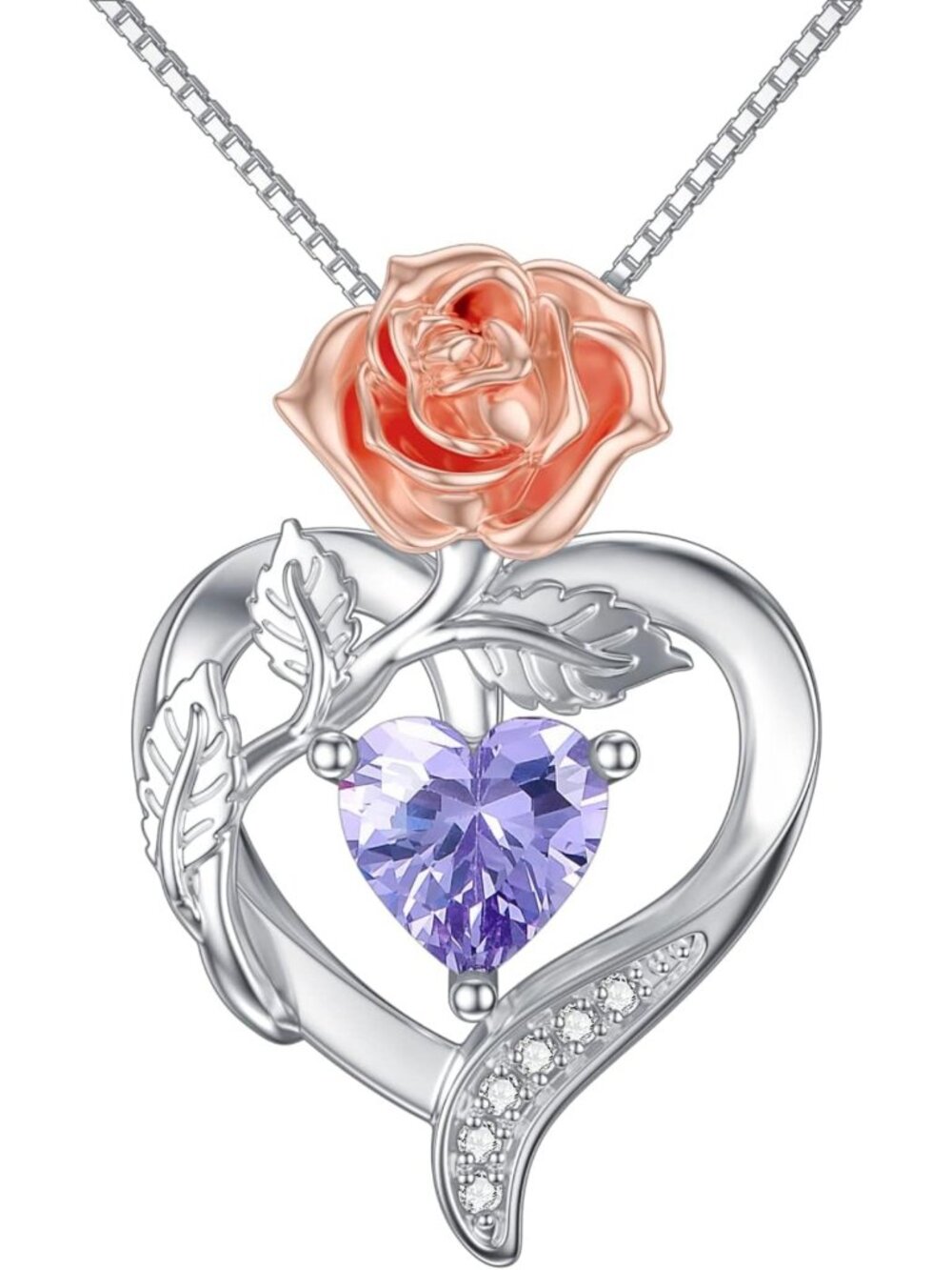 925 Sterling Silver Birth Flower Necklace with Heart Birthstone Pendant